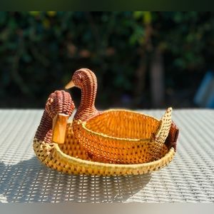 2 pc set Vintage wicker rattan duck two tone  baskets